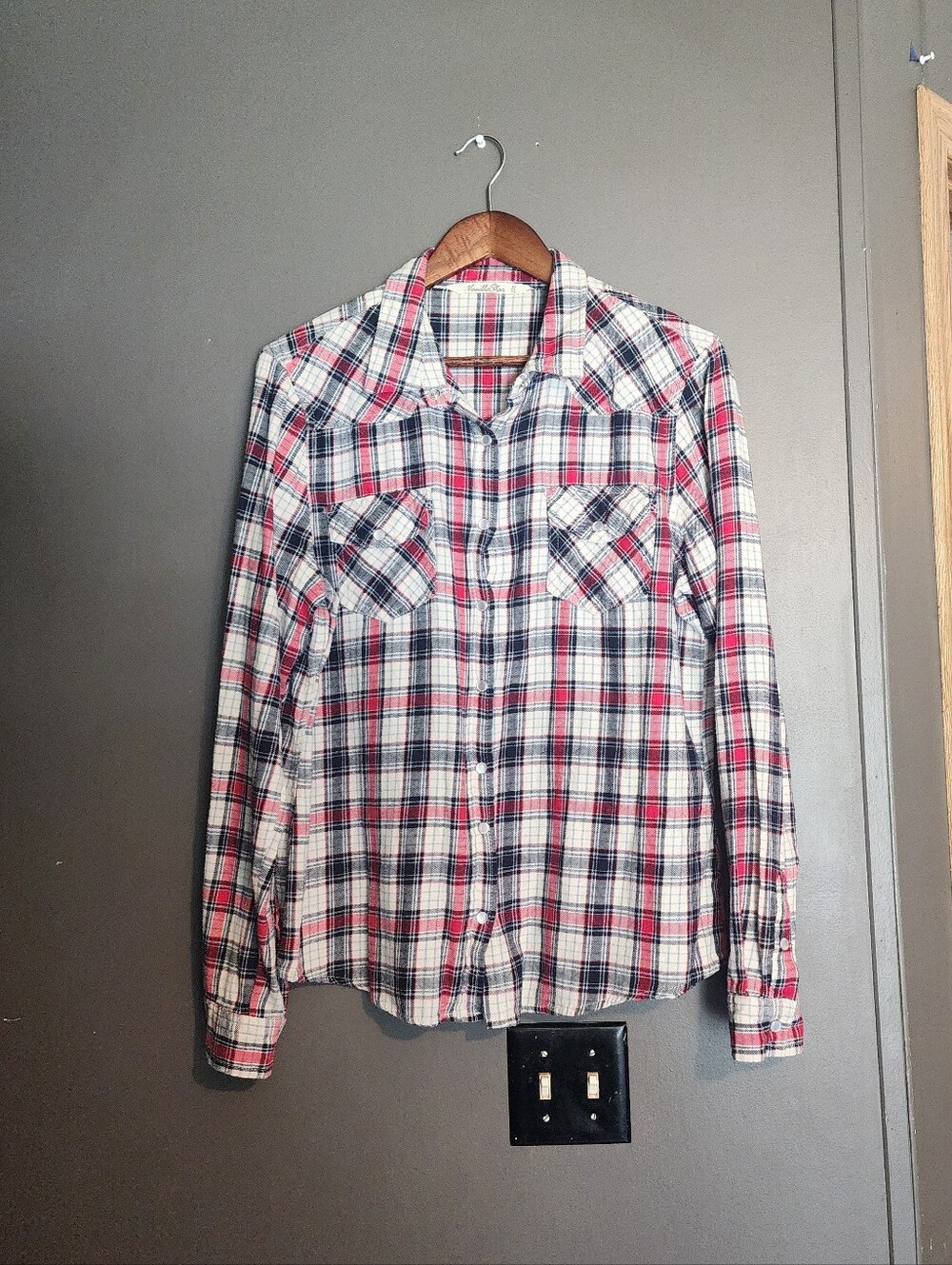 Vanilla Star Red Navy White Plaid women’s pearl snap button down flannel shirt